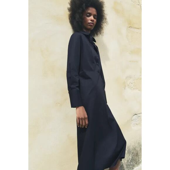 Zara Collection Long Sleeve Pullover Poplin Maxi Shirt Dress Blue Size Small - Picture 2 of 16